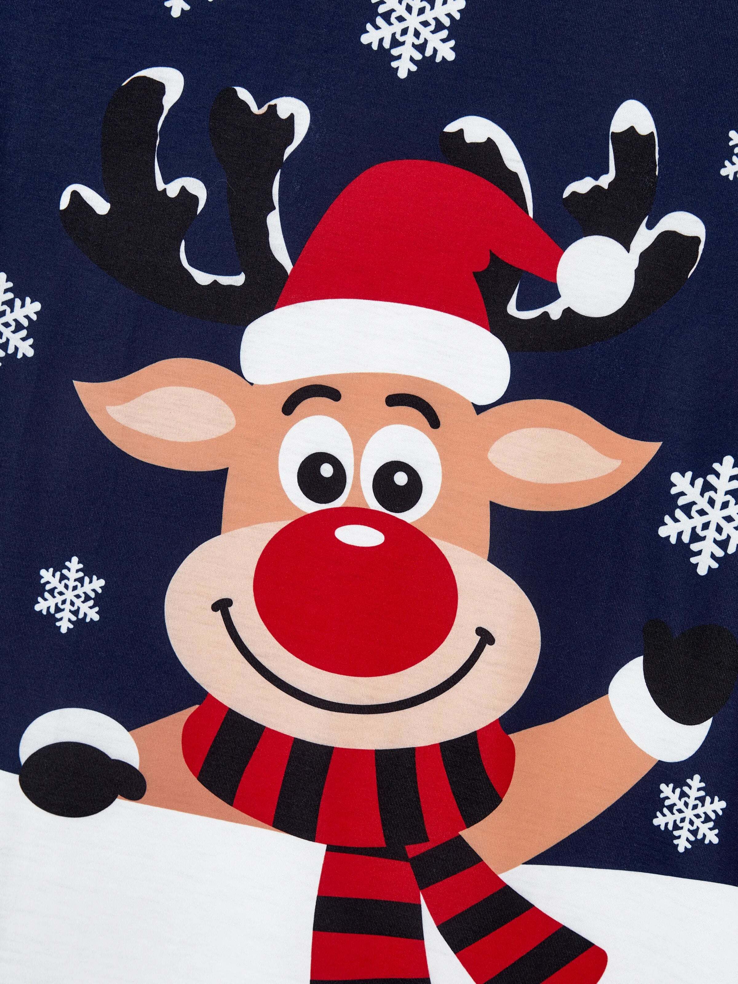 Christmas Matching Family Pajamas Set Reindeer and Snowflake Print PJS Deep Blue