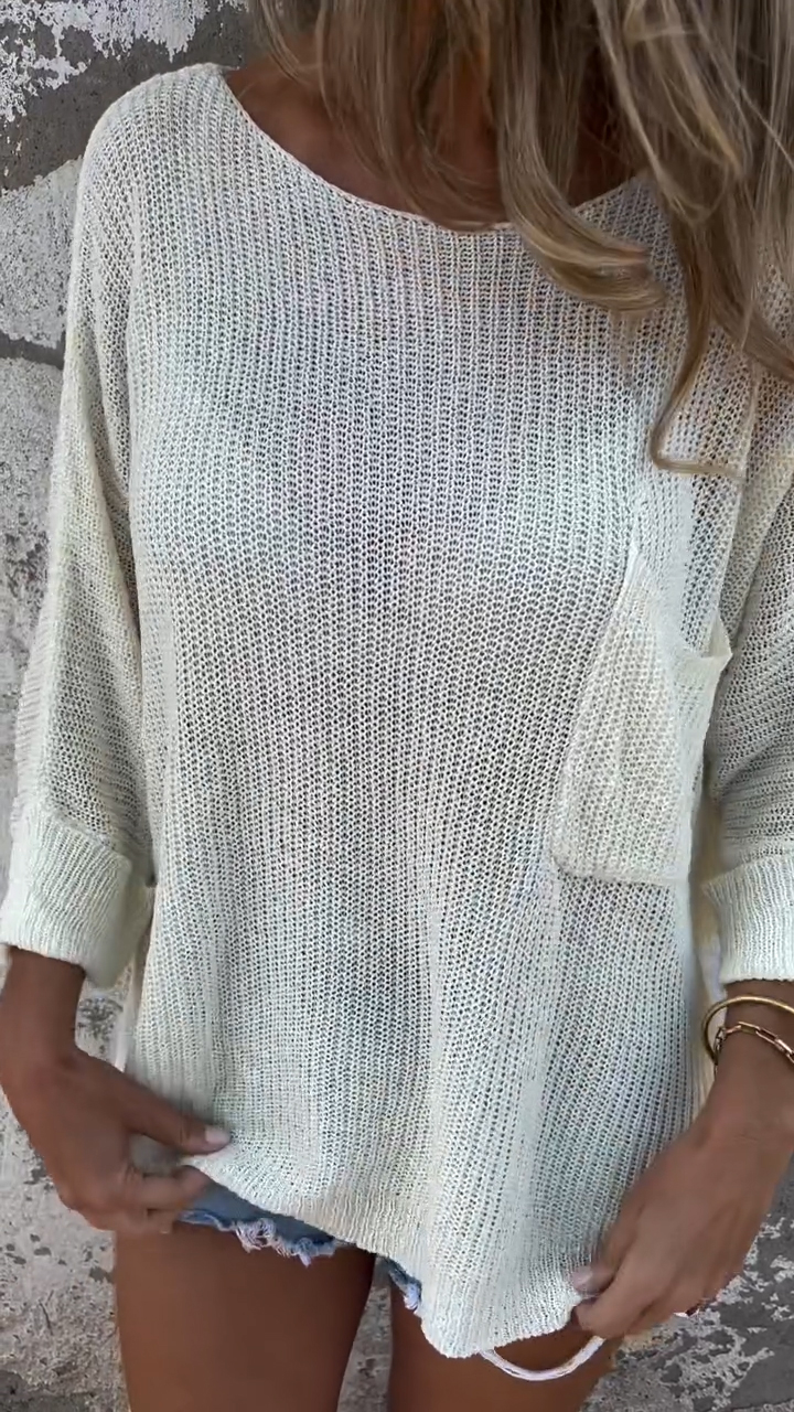 Solid Color Knit Pocket Crewneck Sweater
