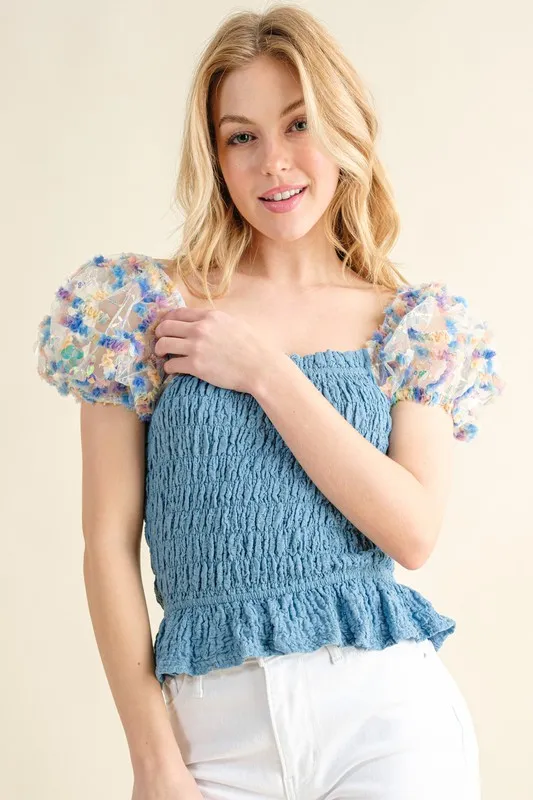 Embellishment Sleeve Smocked Top