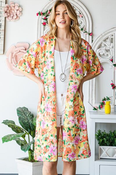 Full Size Half Sleeve Multi Color Floral Open Cardigan