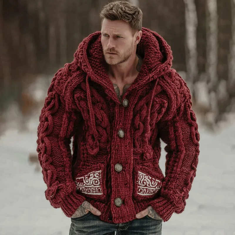 Men's Viking Tribal Art Jacquard Button Cozy Cardigan Sweater