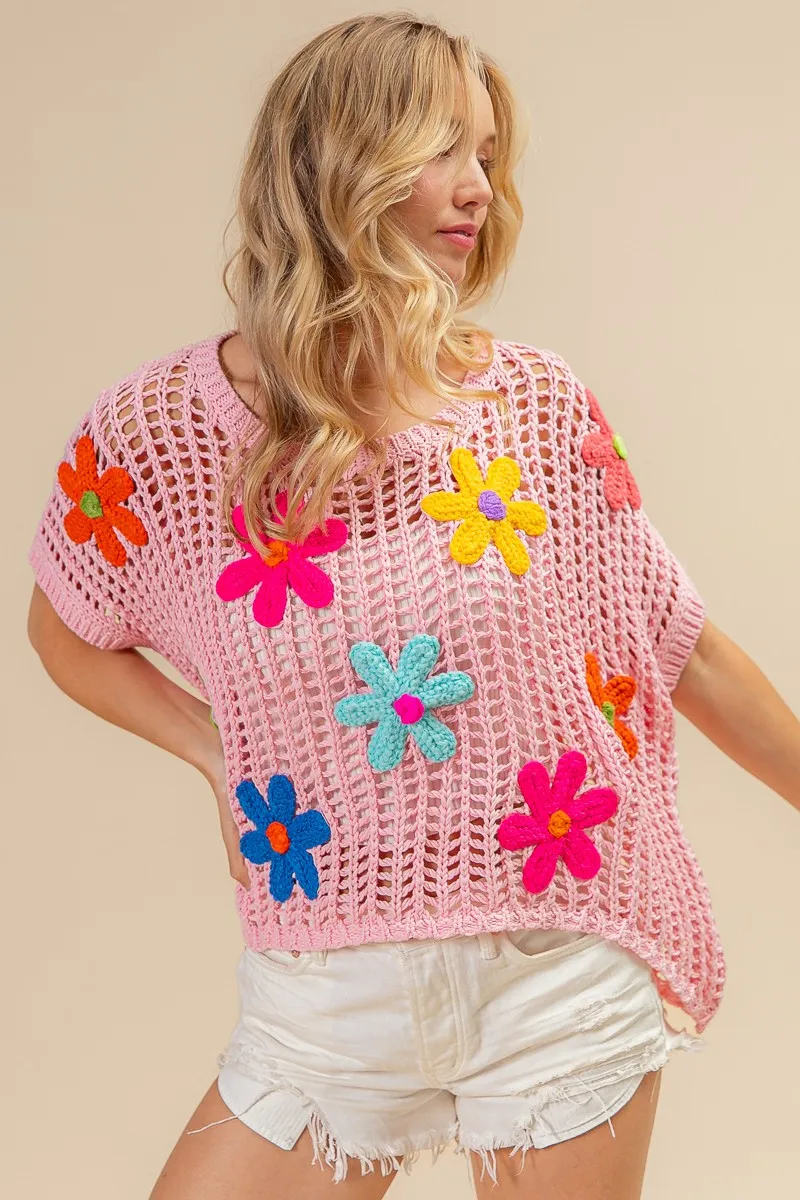 Flower Patches Short Sleeve Knit Cover Up