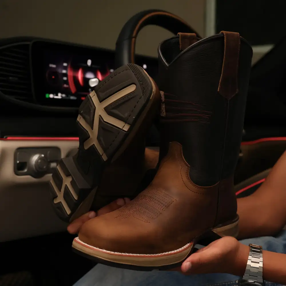 Distressed Brown “American Flag” Leather Work Boots - Square Toe