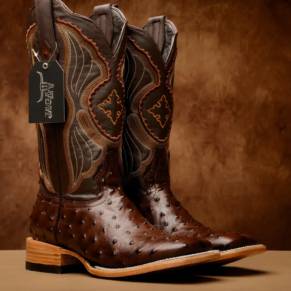 Chocolate Brown Ostrich Leather Boots - Square Toe