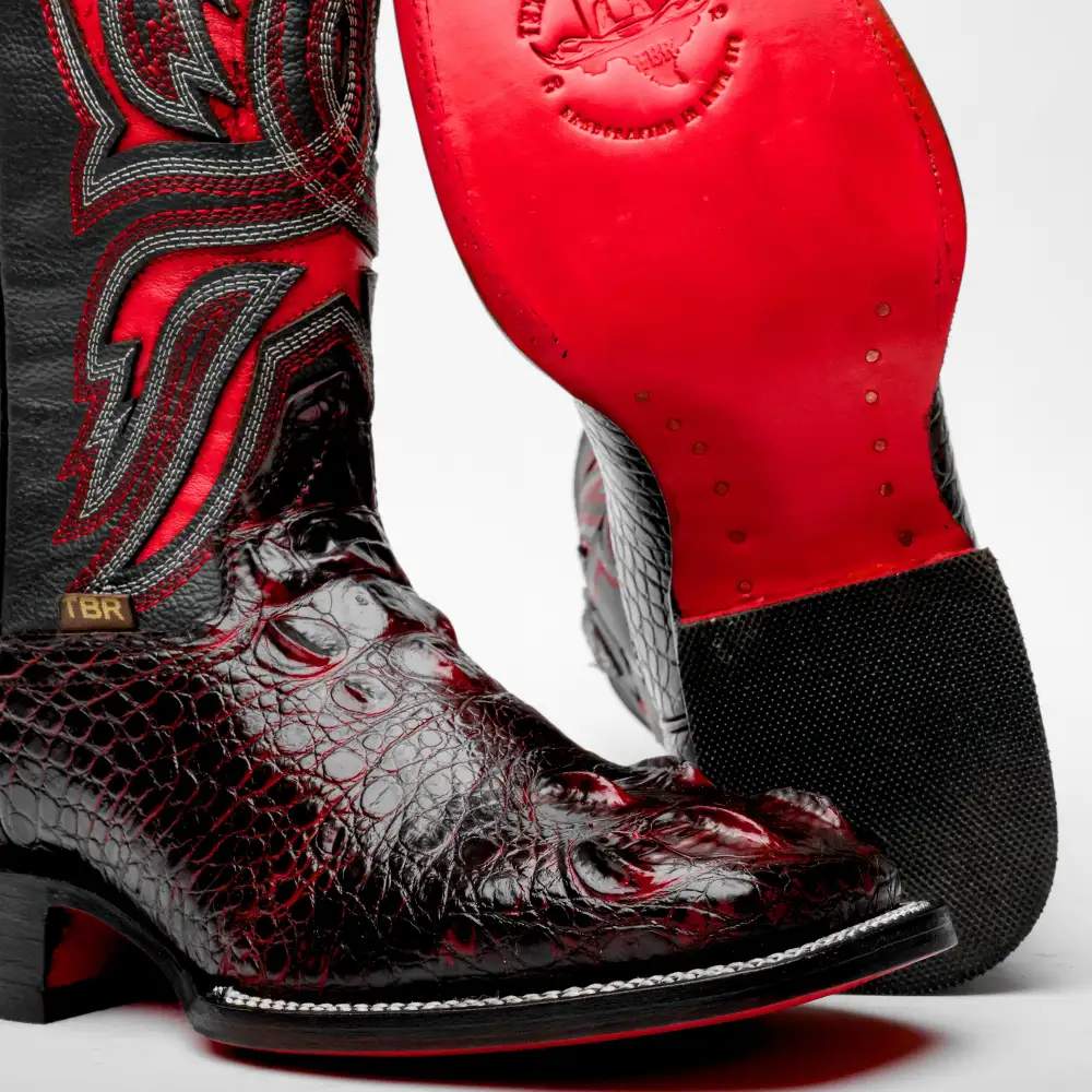 Black Cherry Giant Caiman Neck Leather Boots - Square Toe