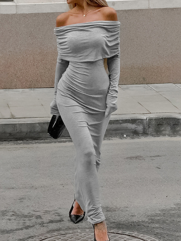 Pleated Solid Color Split-Joint Long Sleeves Skinny Off-the-shoulder Maxi Dresses Evening Dresses