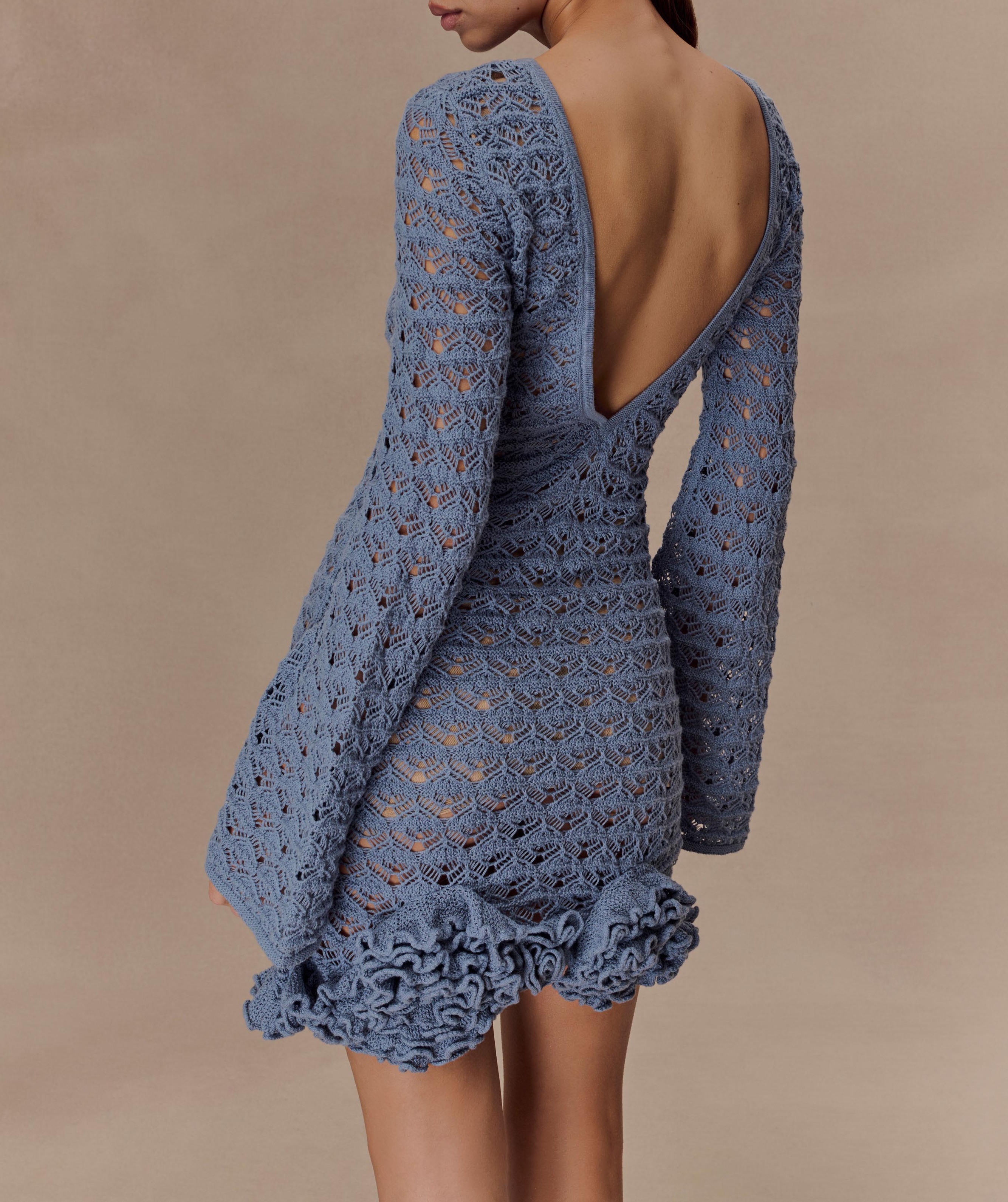Blue Ruffle Crochet Mini Dress