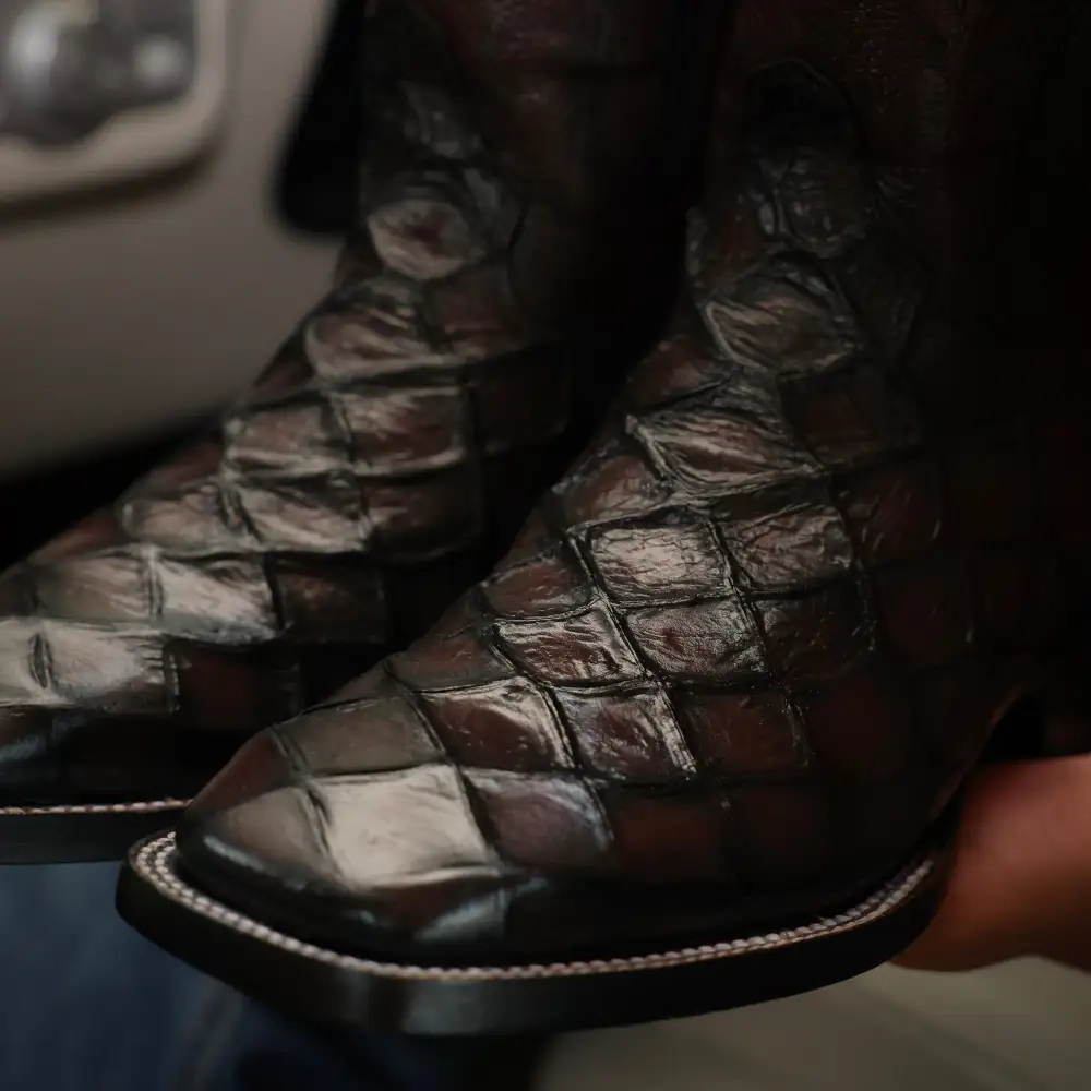 Dark Wine Pirarucu Leather Boots — Square Toe