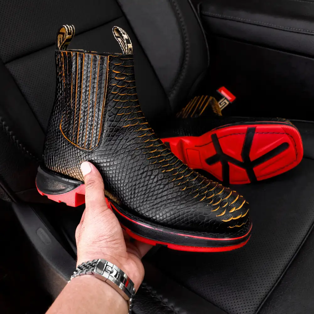 Black & Yellow Python Leather Botin With 3D Lightweight Soles - Square Toe