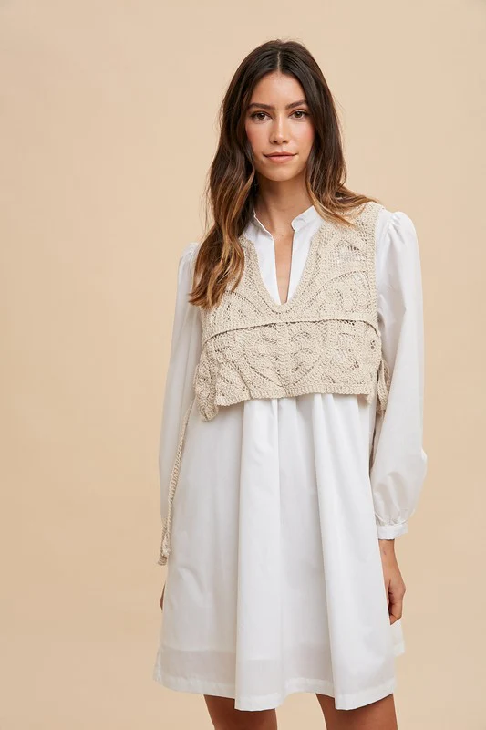 Wear Crochet Vest Notched Long Sleeve Shirt Dress