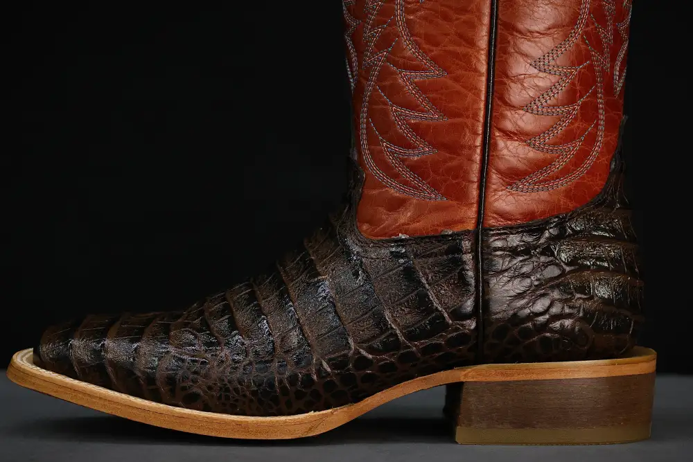 Chocolate Brown American Gator Belly Leather Boots — Square Toe