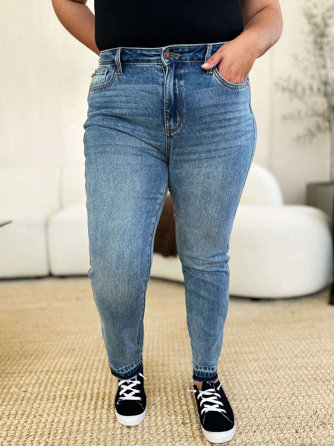 Blue Full Size Mid Rise Rigid Magic Release Hem Jeans