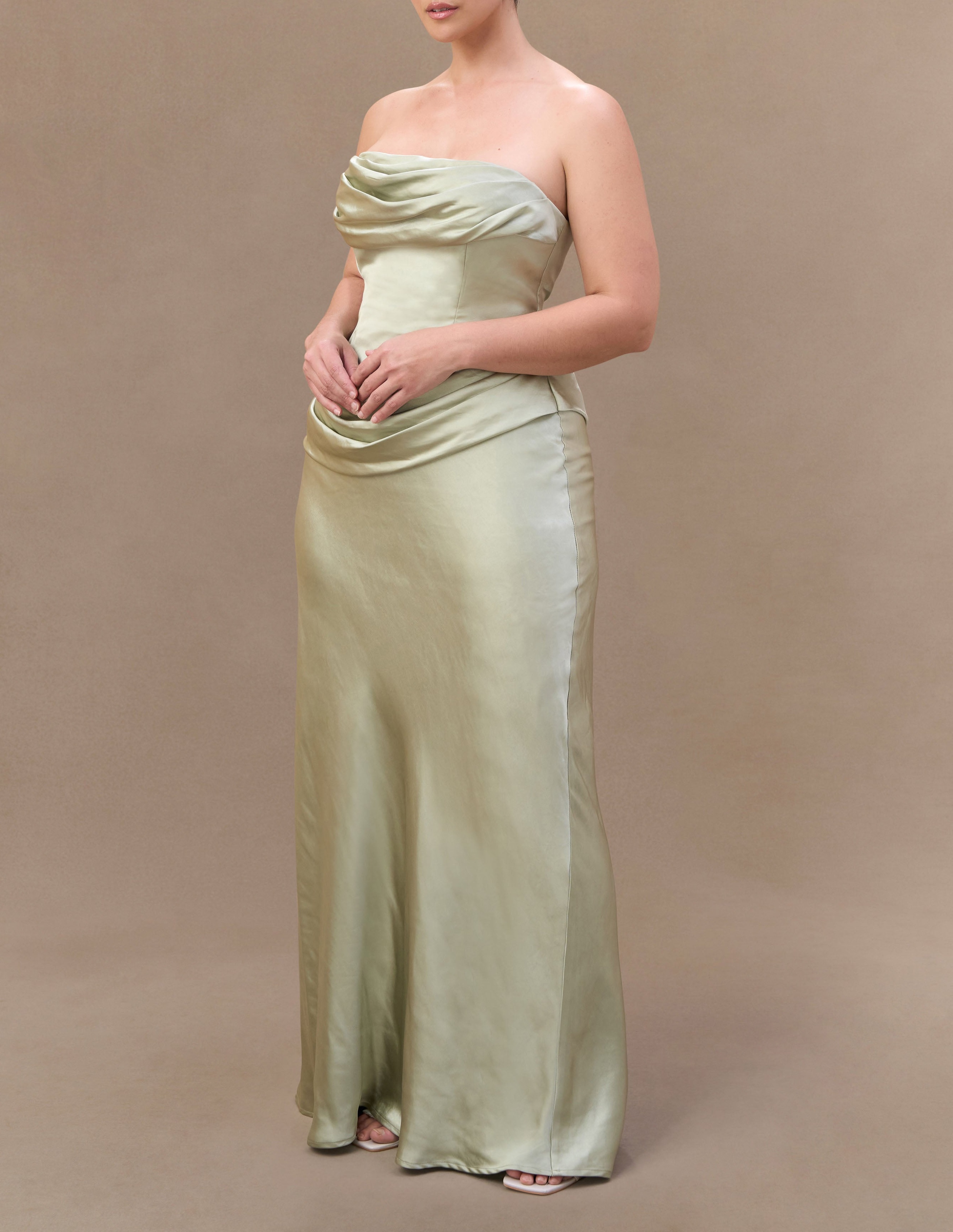 Sage Strapless Satin Maxi Dress