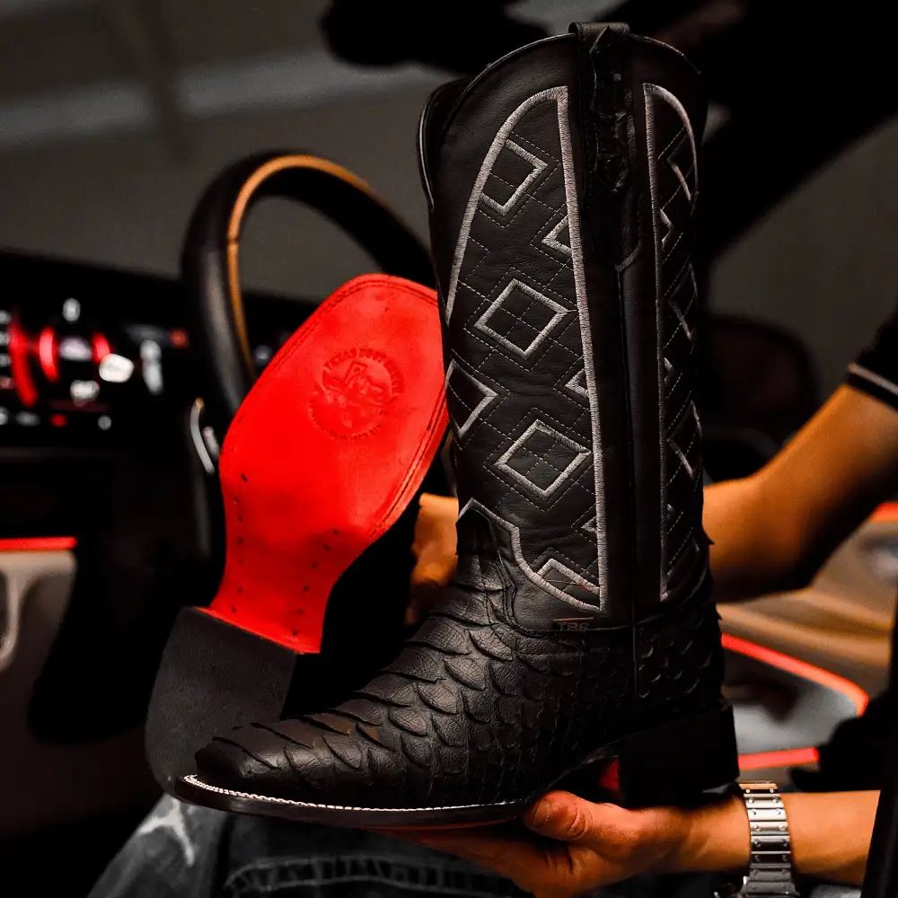 Matte Black Jumbo Python Leather Boots - Square Toe