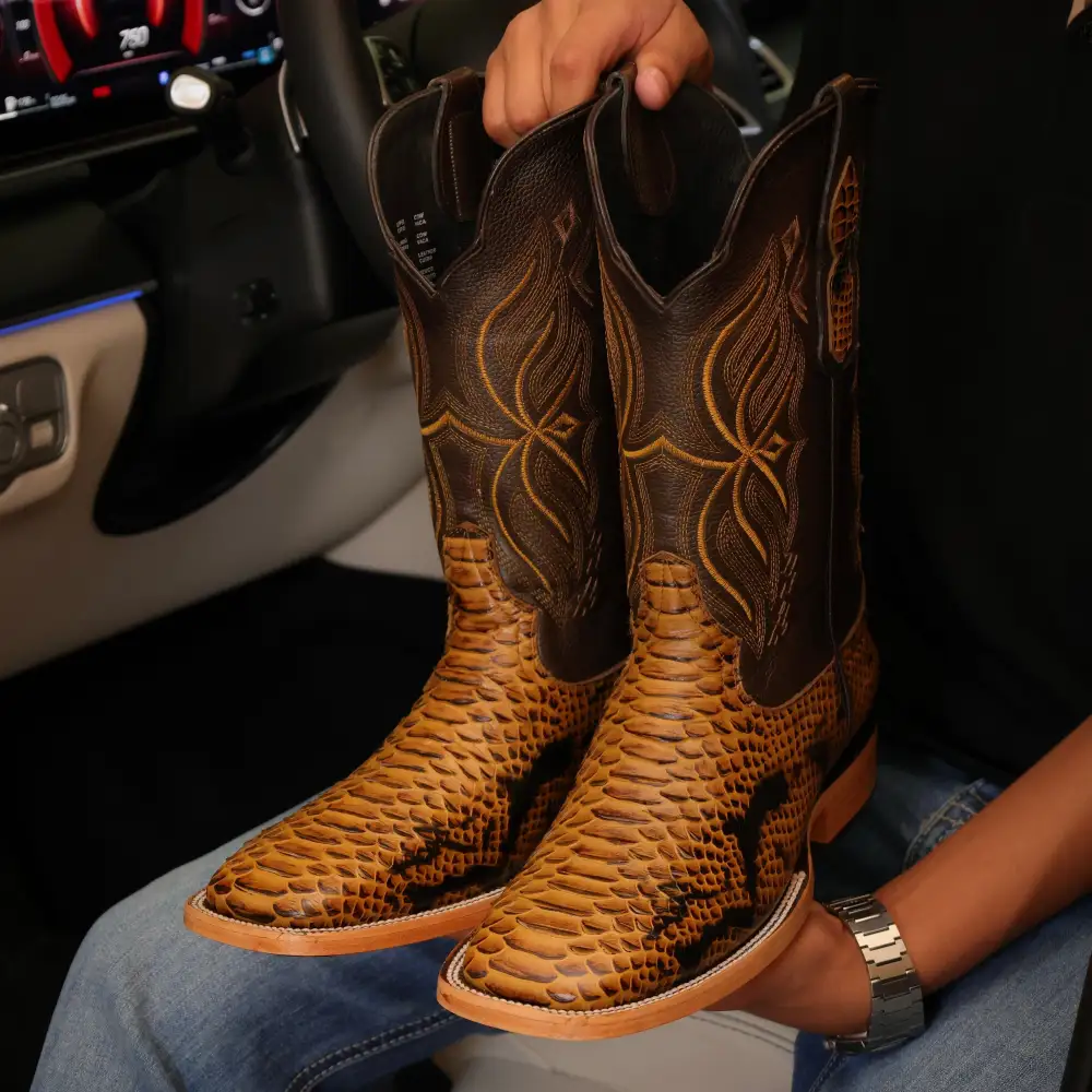 Honey Python Leather Boots — Square Toe