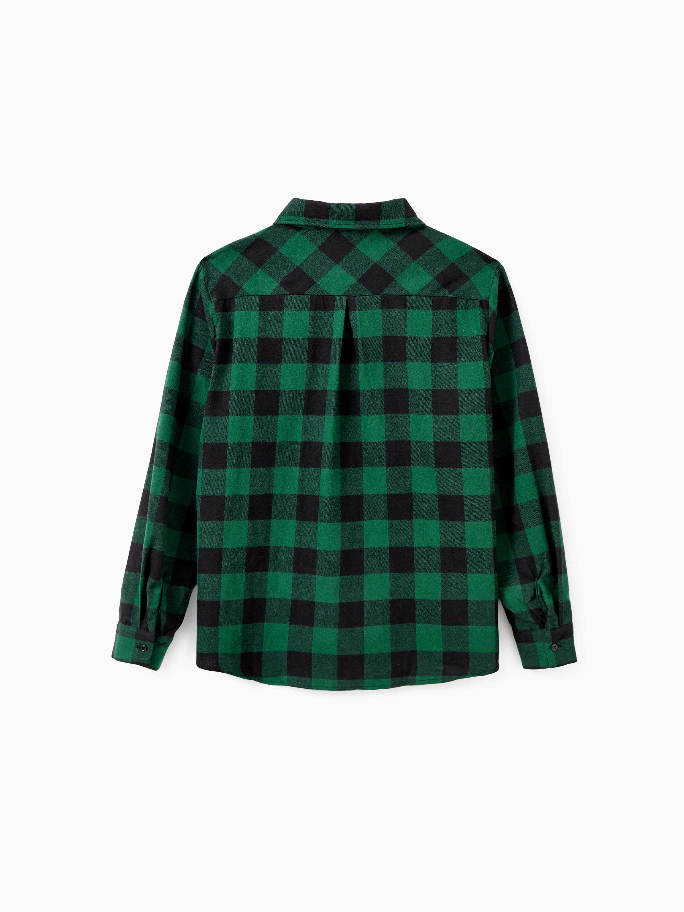 Family Matching Sets Green Plaid Long Sleeves Shirt or Tulle Mesh Dress DarkGreen