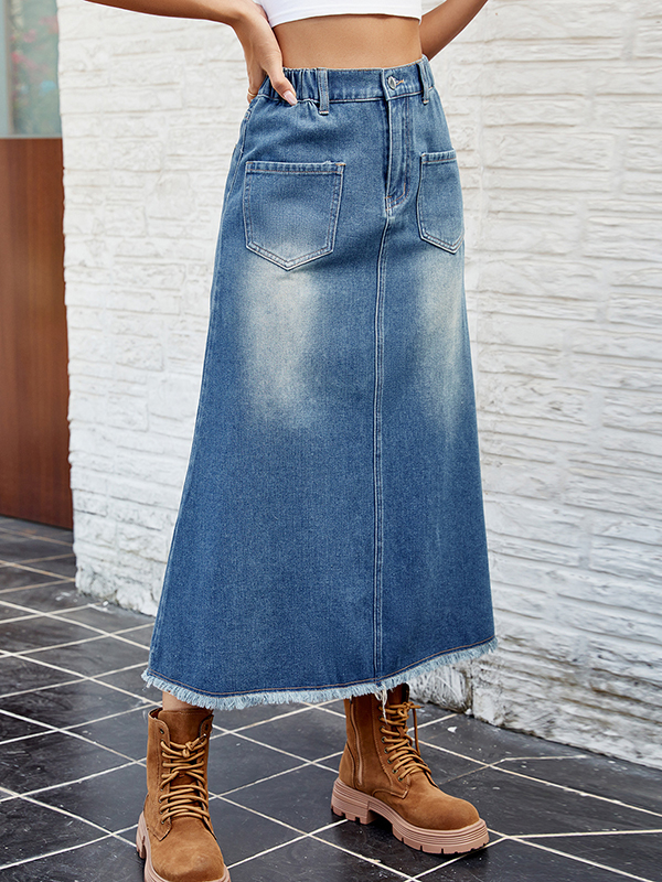 Buttoned Elasticity Fringed Pockets Split-Joint A-Line Loose Skirts Bottoms
