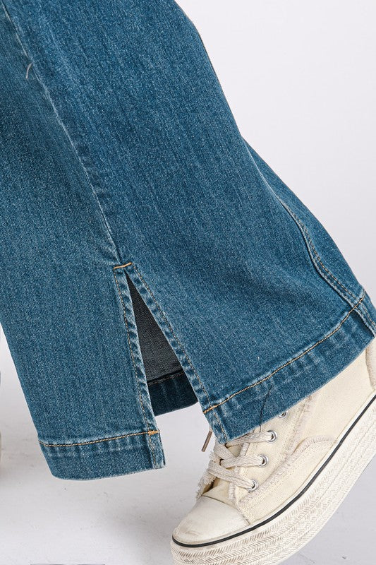 Medium Wash Seam Detail Wide Leg Denim Jeans