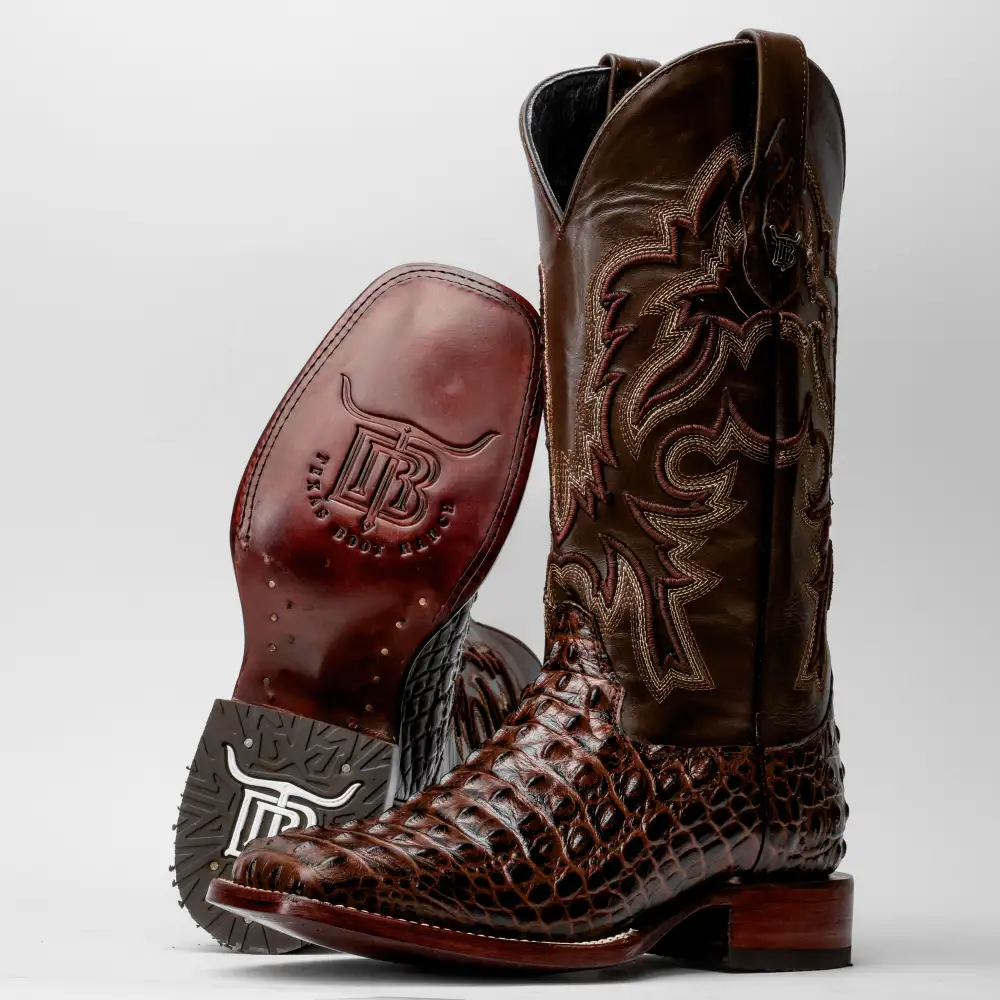 Brown Caiman Hornback Leather Boots - Square Toe