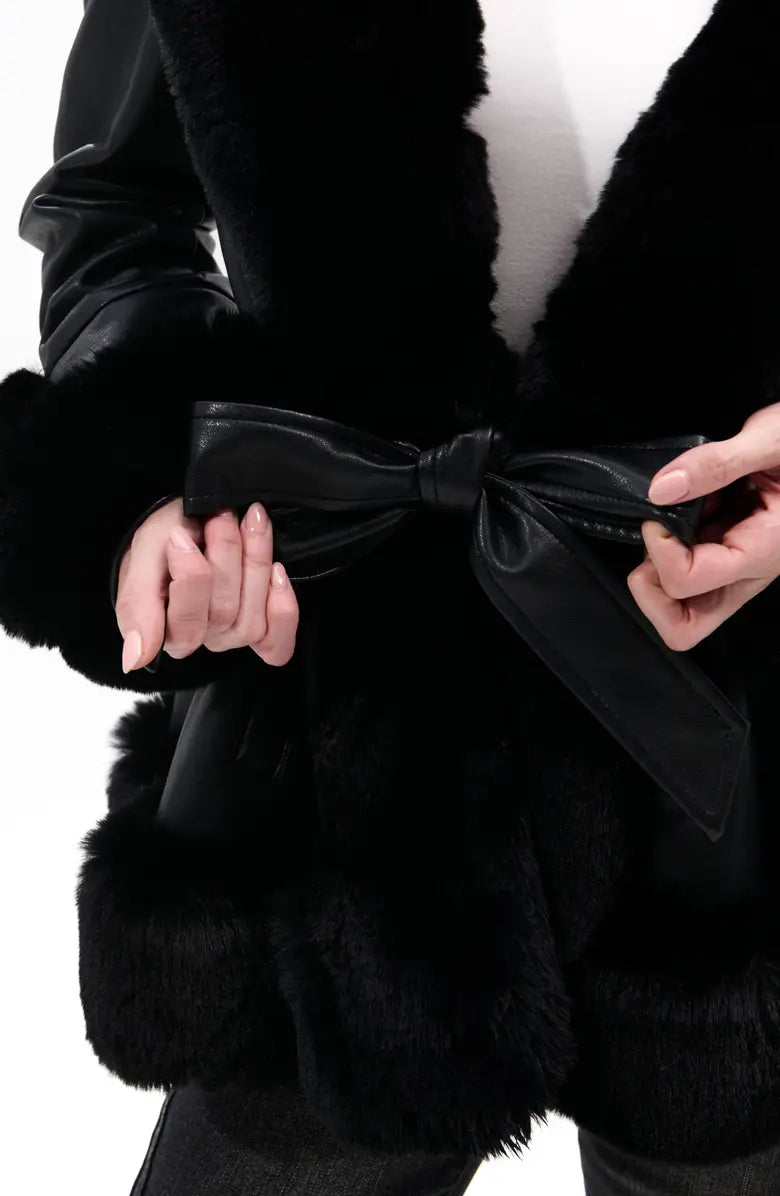 Clearance Sale*KENZY FUR TRIM PEPLUM MOTO IN BLACK BROWN