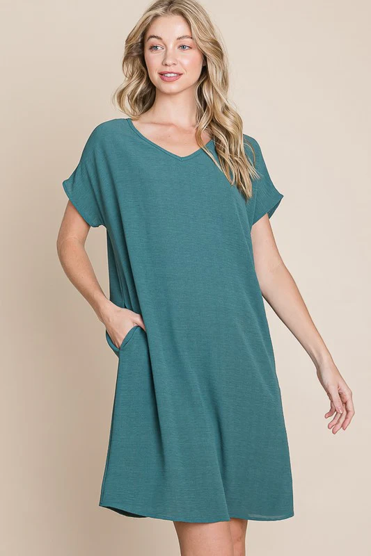 V-Neck Short Sleeve Dress with Pockets