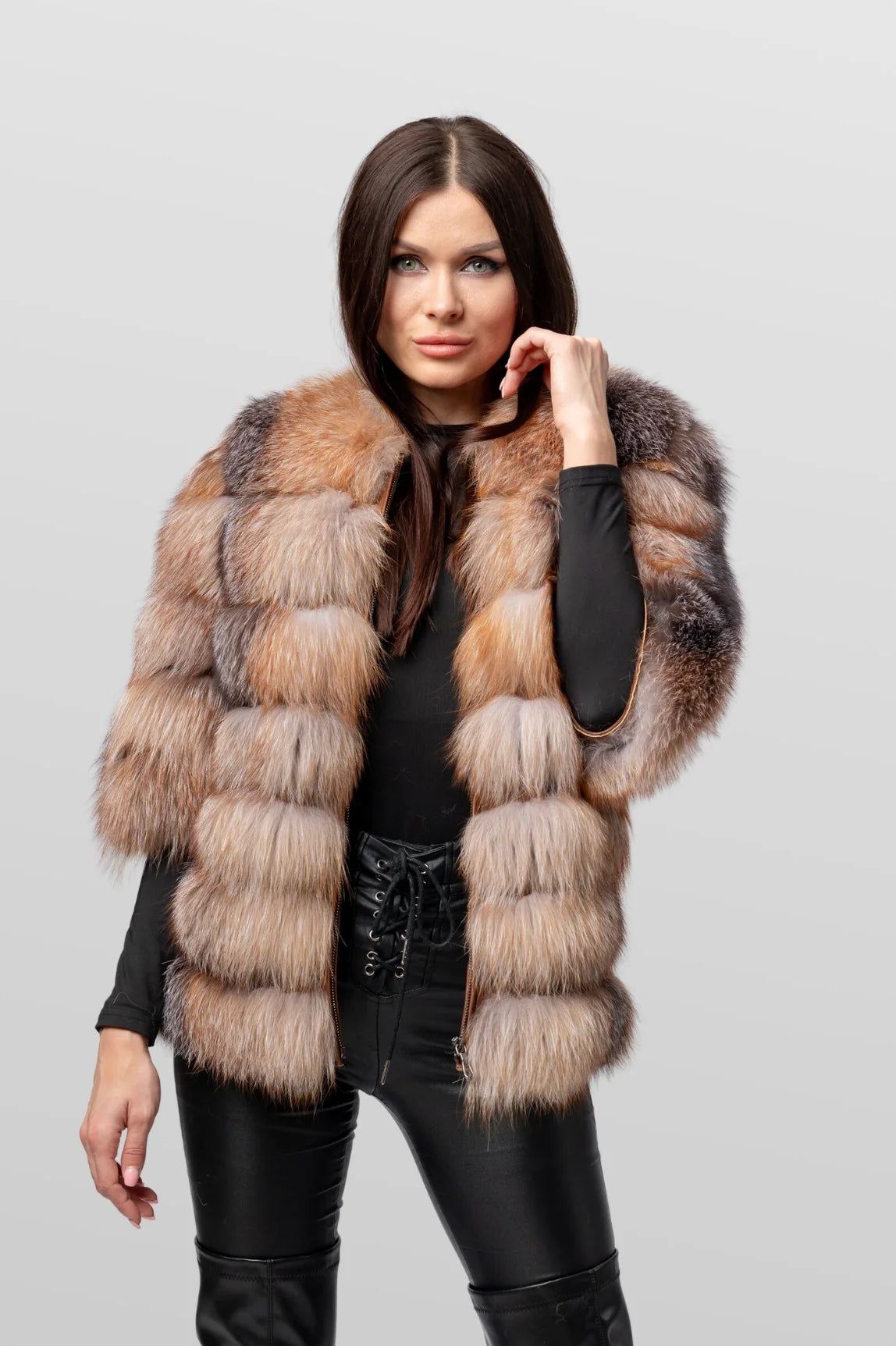 Haină din Blană Naturală de Vulpe Argintie, Transformabilă 6 în 1, Femei, Brown Frost 241