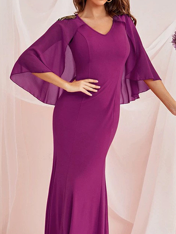 Gauze Solid Color Split-Joint Zipper Batwing Sleeves Bodycon V-Neck Maxi Dresses