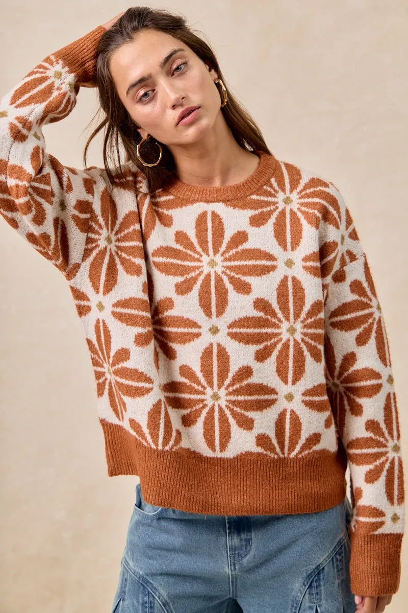 Flower Pattern Long Sleeve Sweater