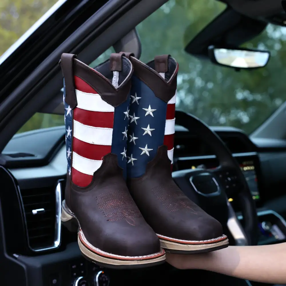 Brown USA Flag Leather Work Boots - Composite Toe