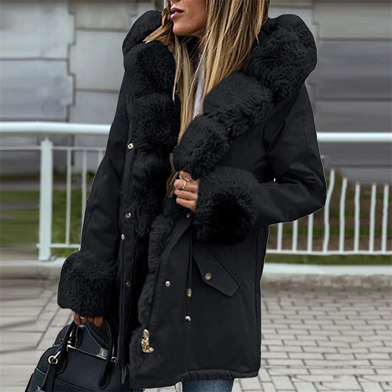 Women's parka with detachable puffed fur collar