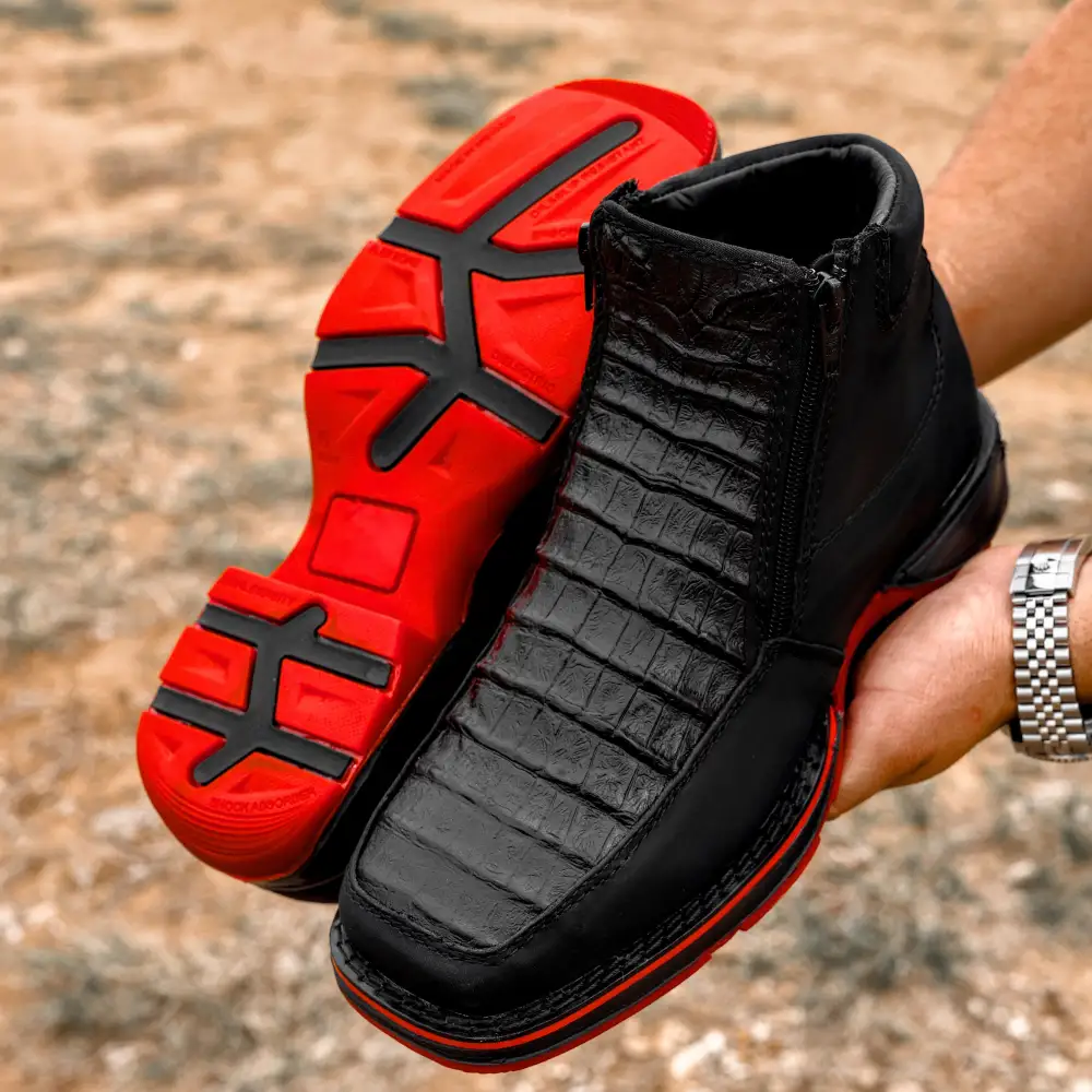 Black Caiman Belly Leather Botin With 3D Lightweight Soles - Square Toe