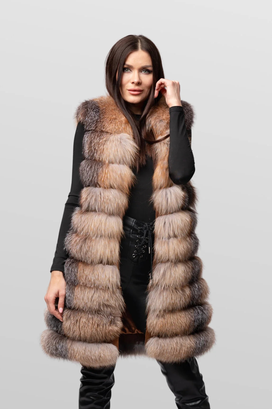 Haină din Blană Naturală de Vulpe Argintie, Transformabilă 6 în 1, Femei, Brown Frost 241