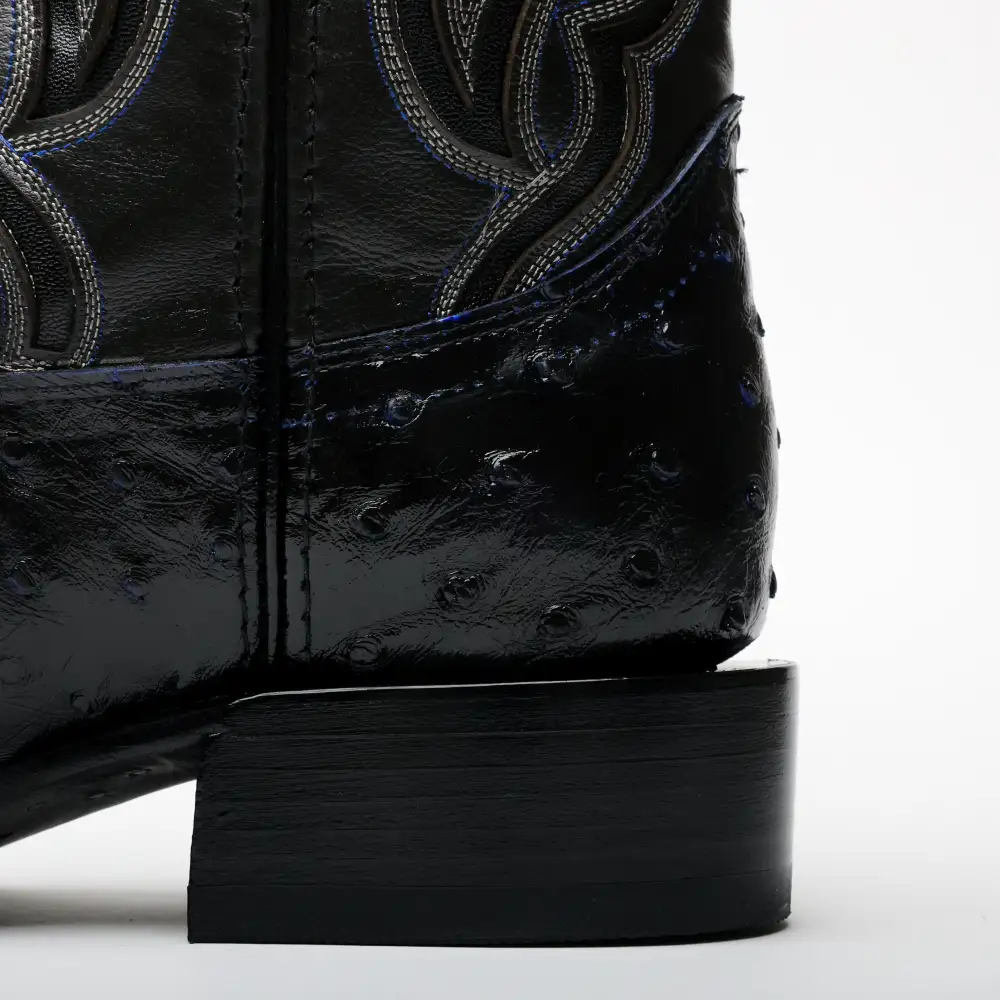 Black/Blue Ostrich Leather Boots - Square Toe