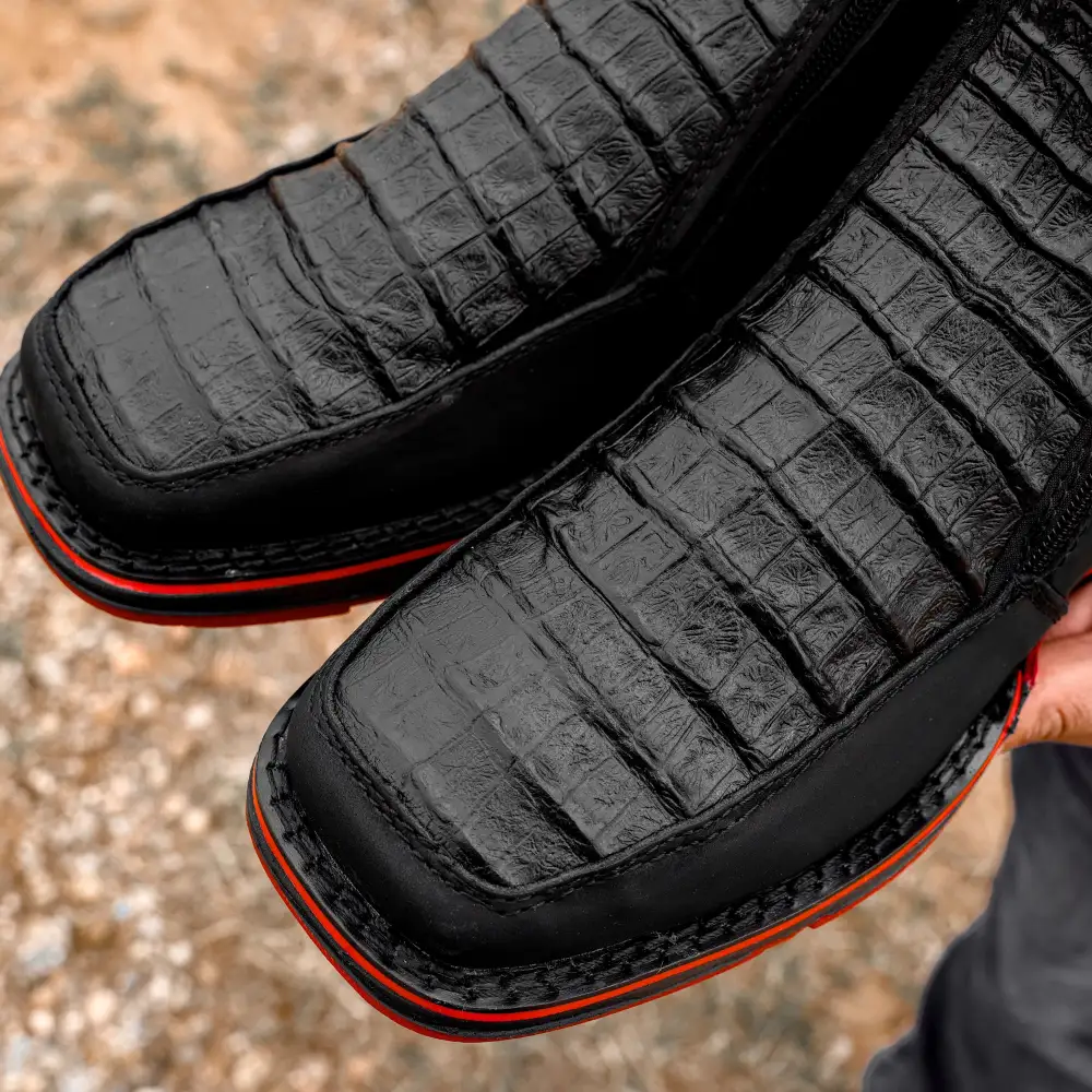 Black Caiman Belly Leather Botin With 3D Lightweight Soles - Square Toe