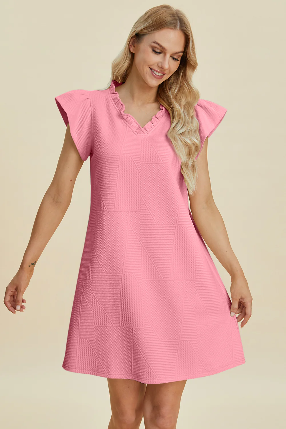 Full Size Ruffled V-Neck Cap Sleeve Dress