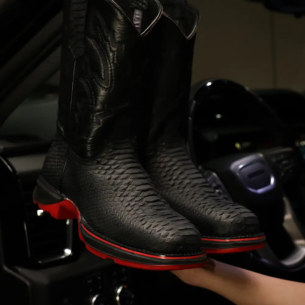Matte Black Python Leather Boots With 3D Lightweight Sole