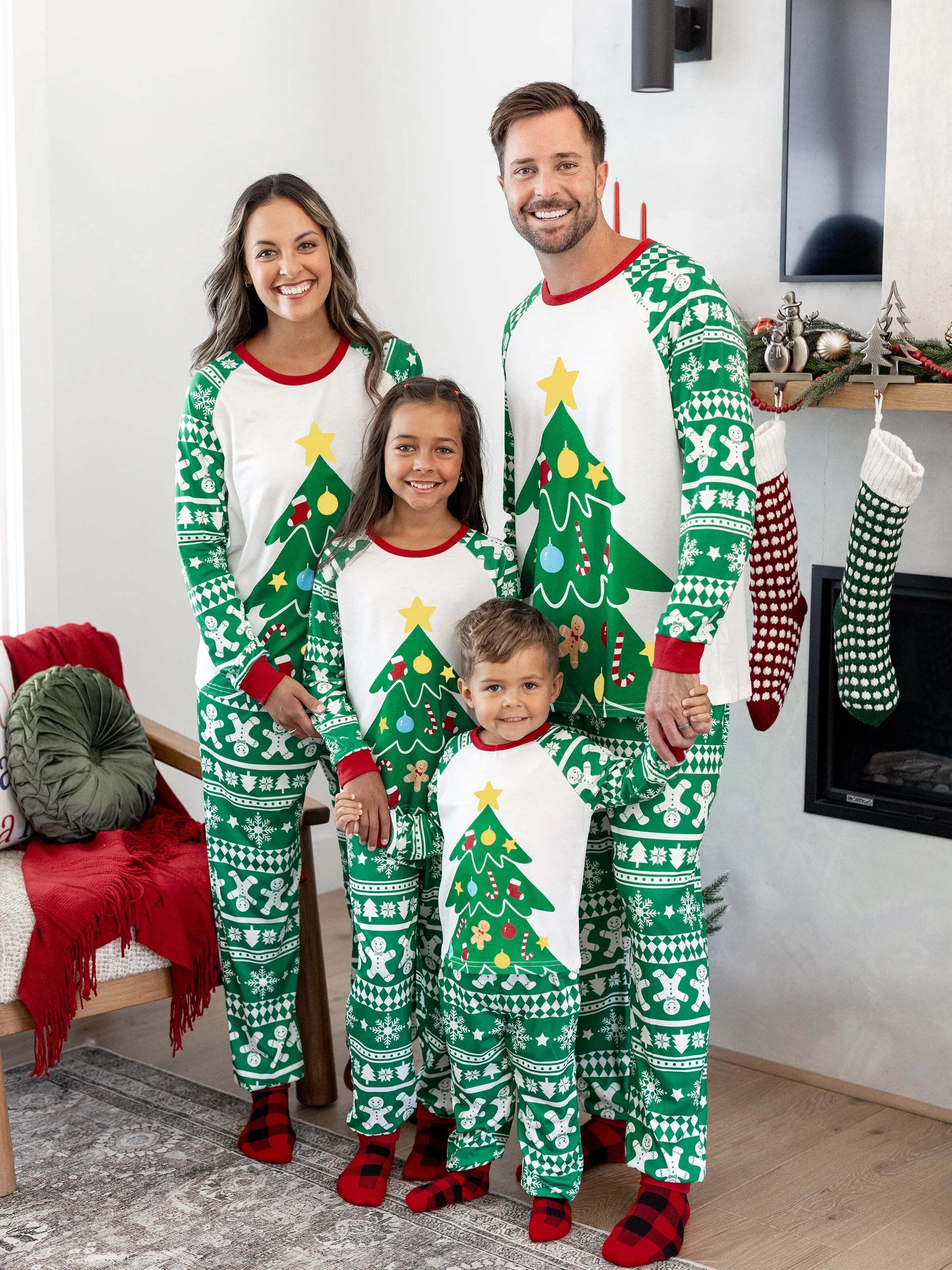 Christmas Matching Family Pajamas Set Gingerbread and Christmas Tree Print Green PJS with Christmas Socks Green