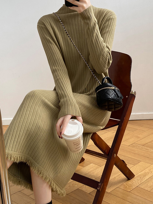 Fringed Solid Color Long Sleeves Loose Mock Neck Sweater Dresses Midi Dresses