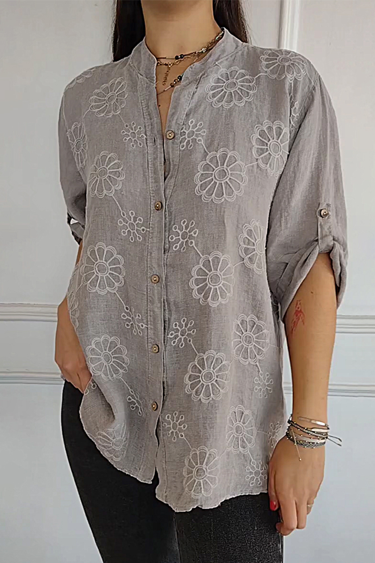 V-neck Cotton And Linen Casual Top