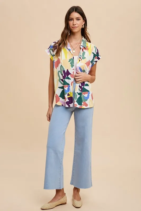 Wear Multi Color Button Down Pleated Shoulder Top