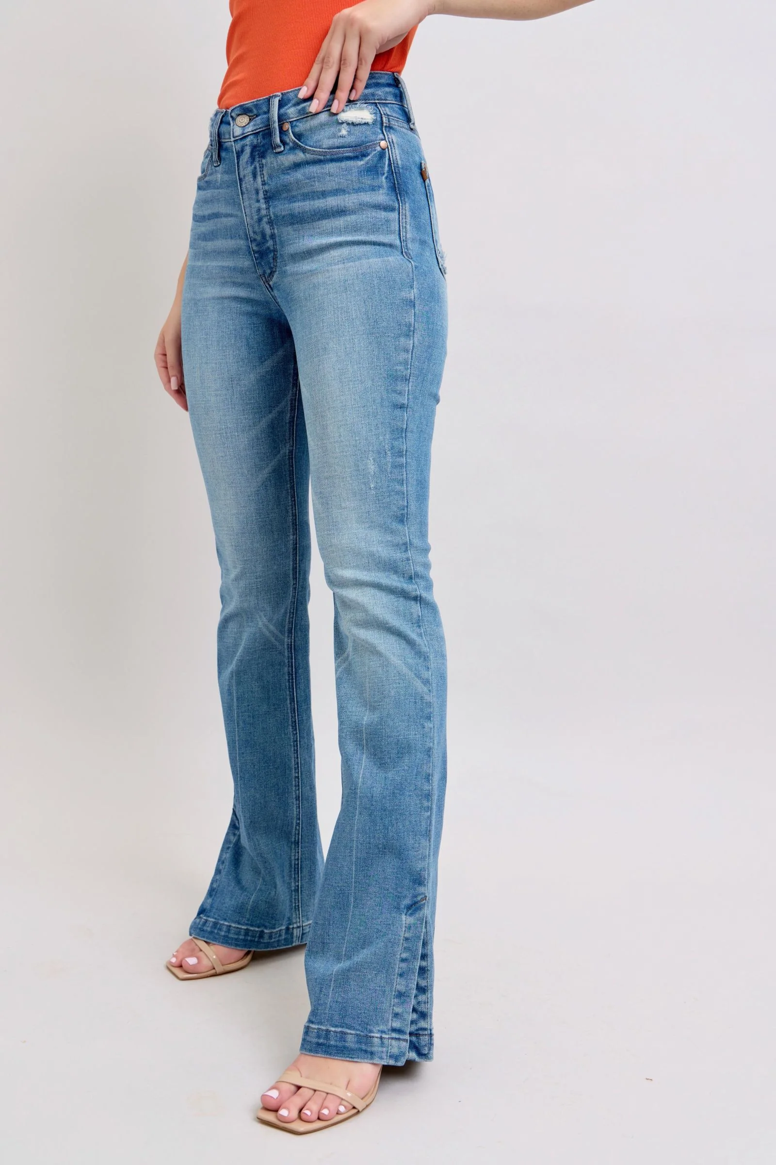 Blue Full Size High Waist Tummy Control Vintage Wash Side Slit Slim Boot Jeans