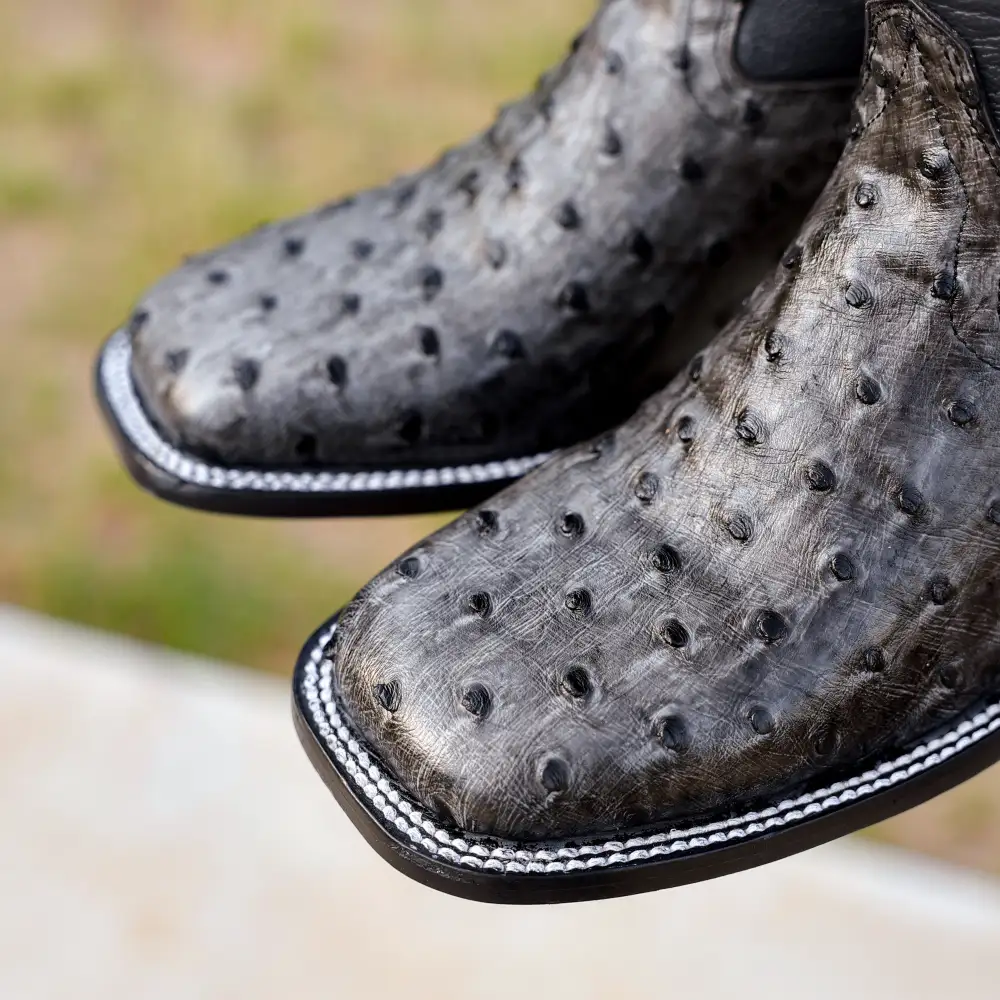 Grey Ostrich Leather Boots - Square Toe