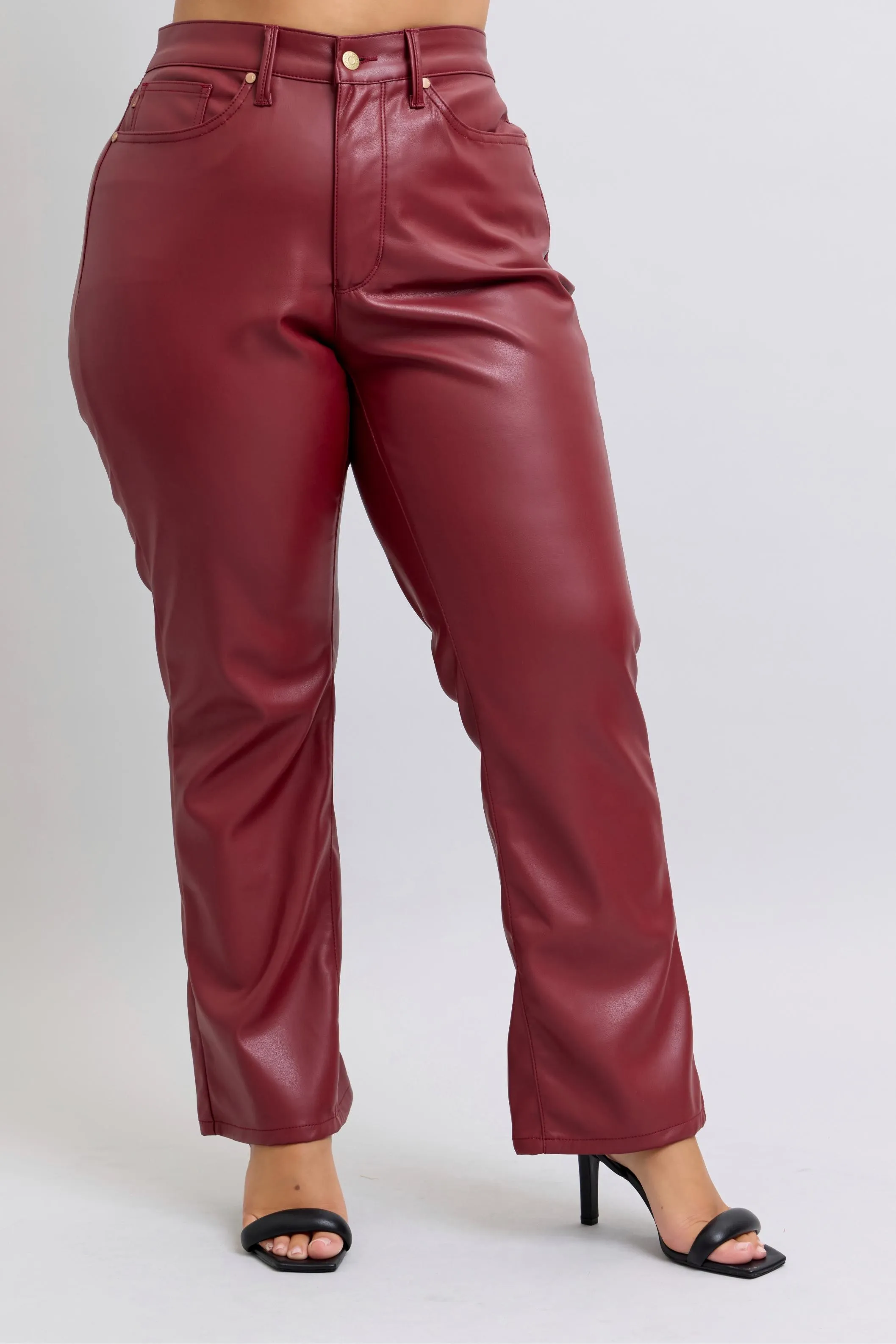 Blue Full Size High Waist Tummy Control Faux Leather Straight Pants Plus Size
