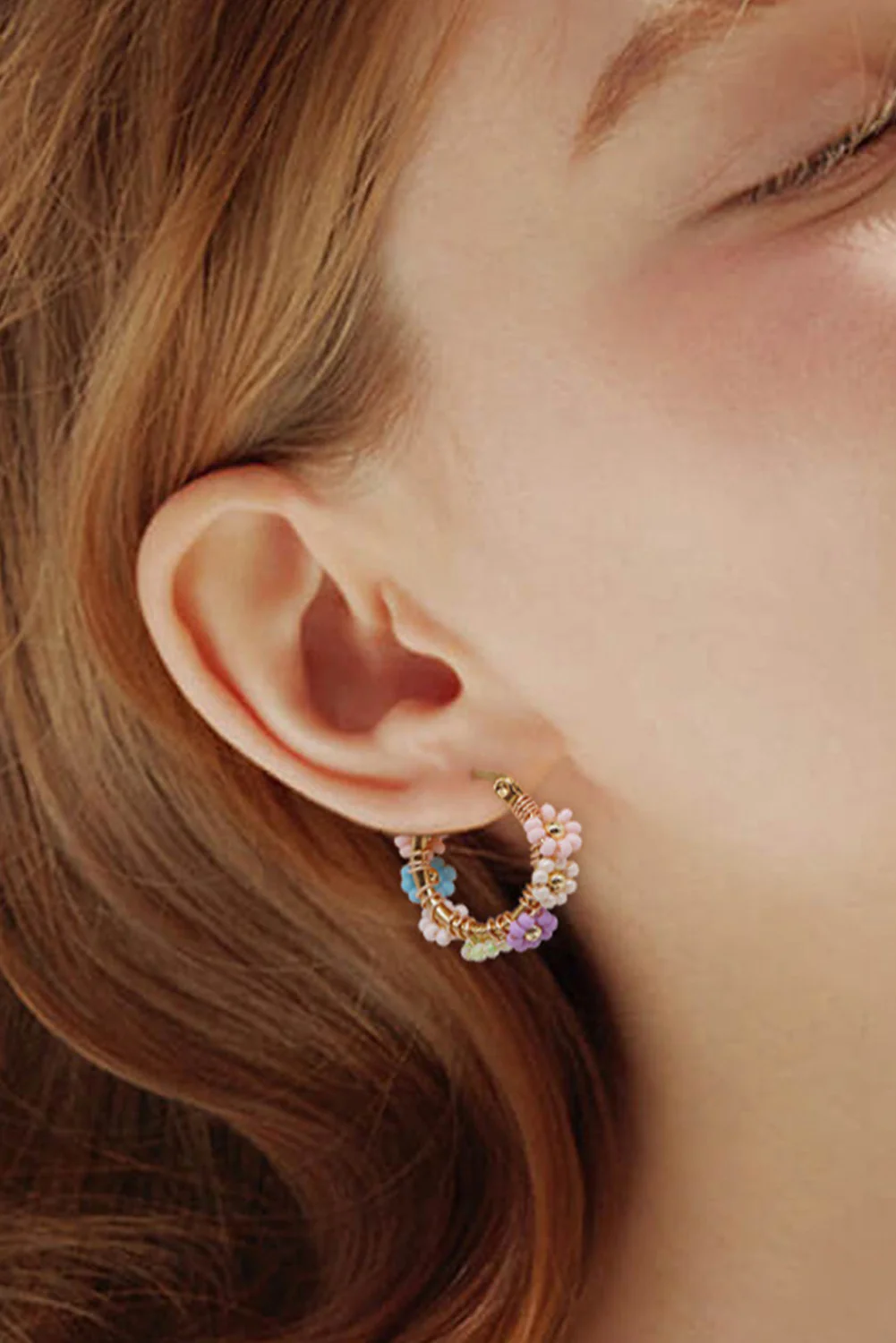 Gold Beaded Flower Hoop Alloy Earrings