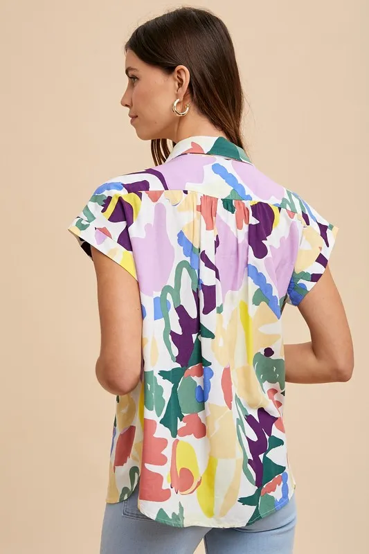 Wear Multi Color Button Down Pleated Shoulder Top