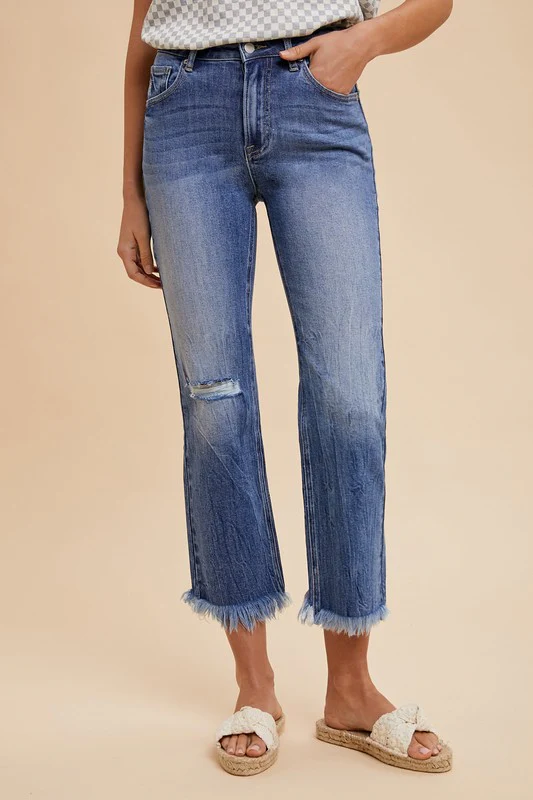 Wear Distressed Raw Hem Straight Leg Cropped Jeans