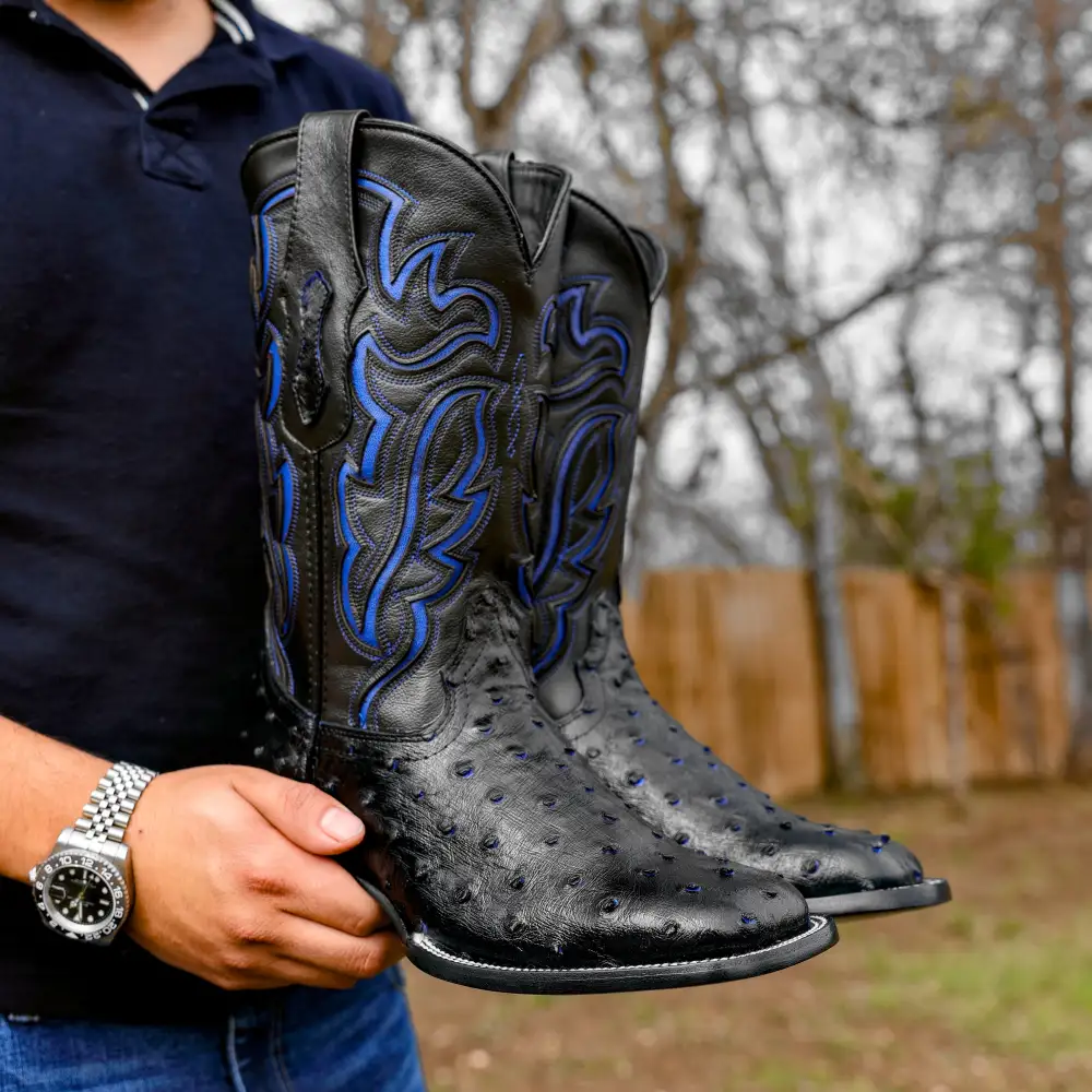 Black/Blue Ostrich Leather Boots - Square Toe