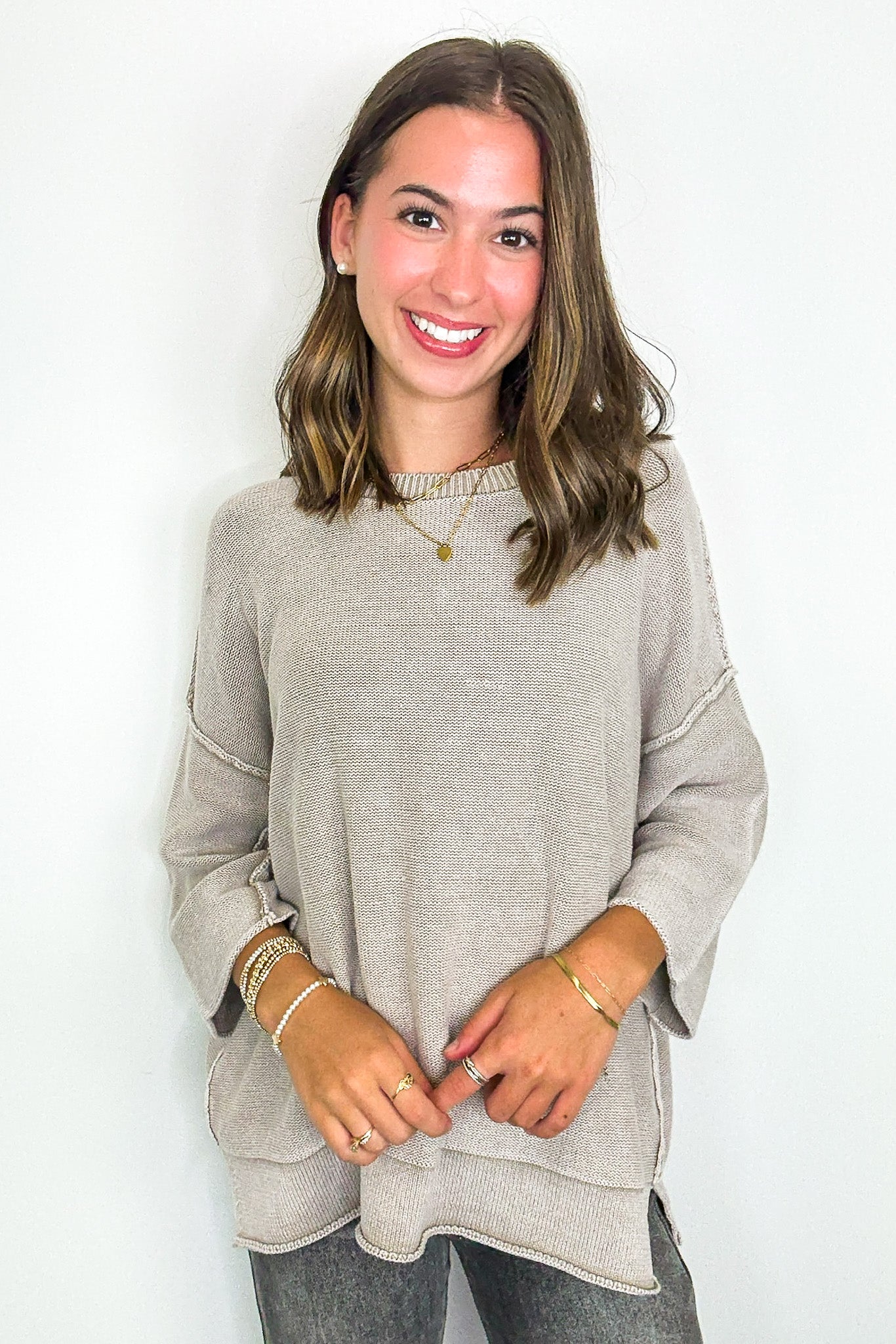 Cozy Fade Washed 3/4 Sleeve Relaxed Sweater