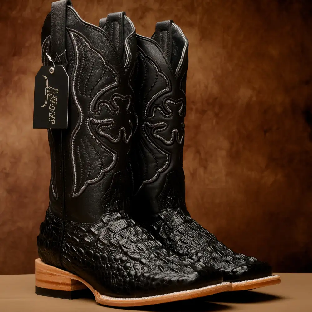 Black Caiman Neck Leather Boots - Square Toe