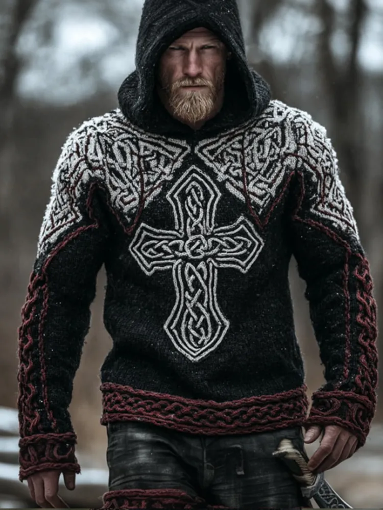 Men's Viking Style Cross Hooded Sweater